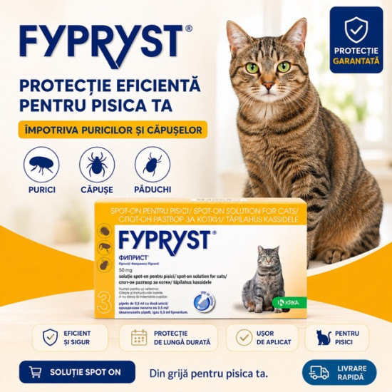 Pipete antiparazitare pentru pisici Fypryst 50 mg, 3 pipete, Krka – pentru combaterea puricilor și căpușelor